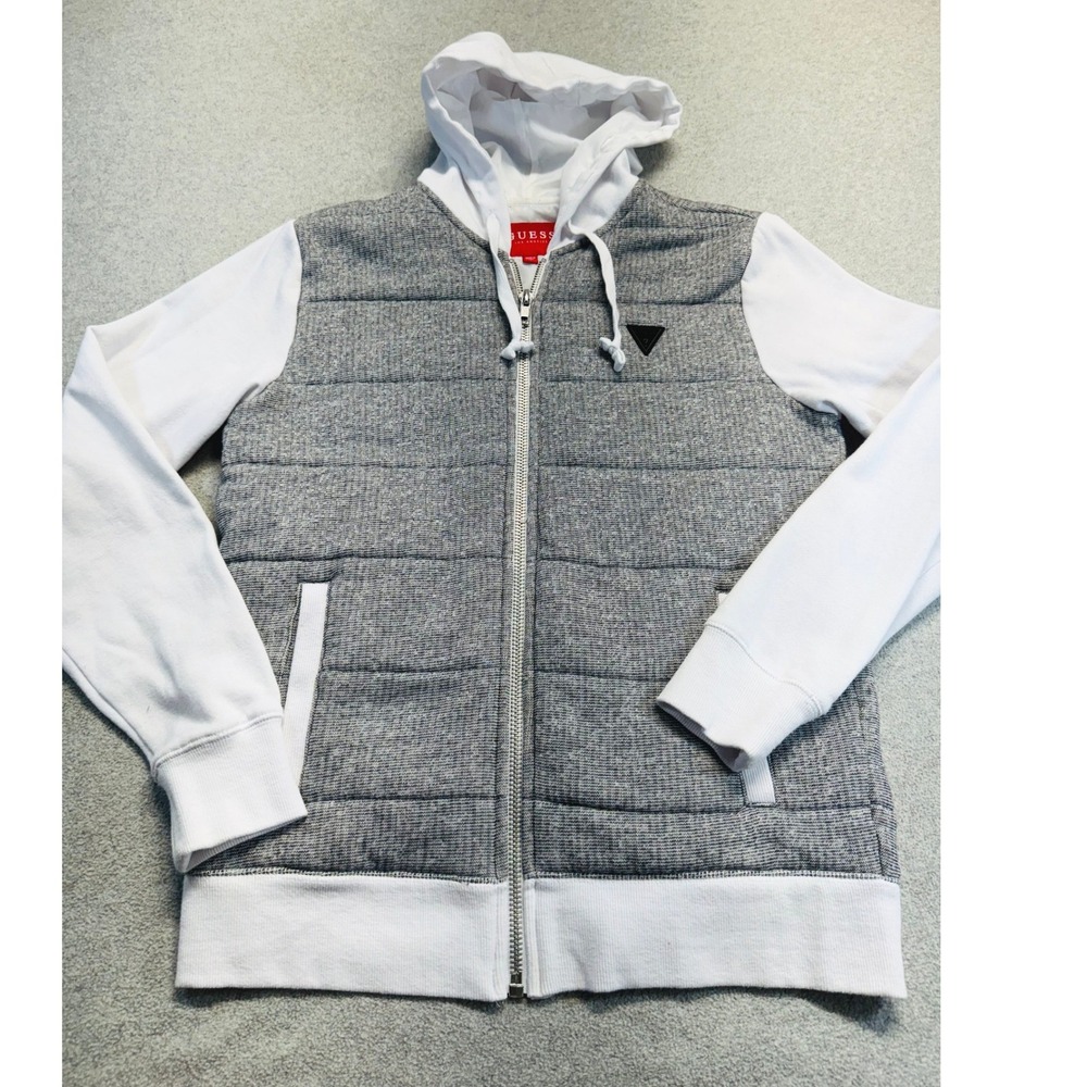 Guess‎ Los Angeles Womens Small Quilted Puffer Hoodie Jacket Gray White Full Zip